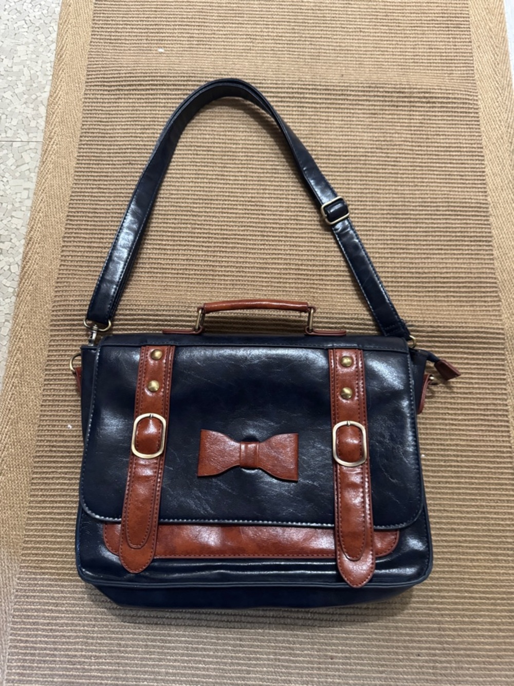 Blue and Brown Leather-Accent Bag with Bow Detail it is blue and brown, - Picture 4 of 8